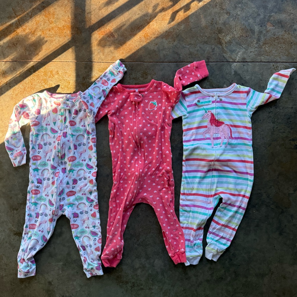 18 month Bundle of 3 Pajamas Toddler Girl- Long sleeve and pants one piece zip